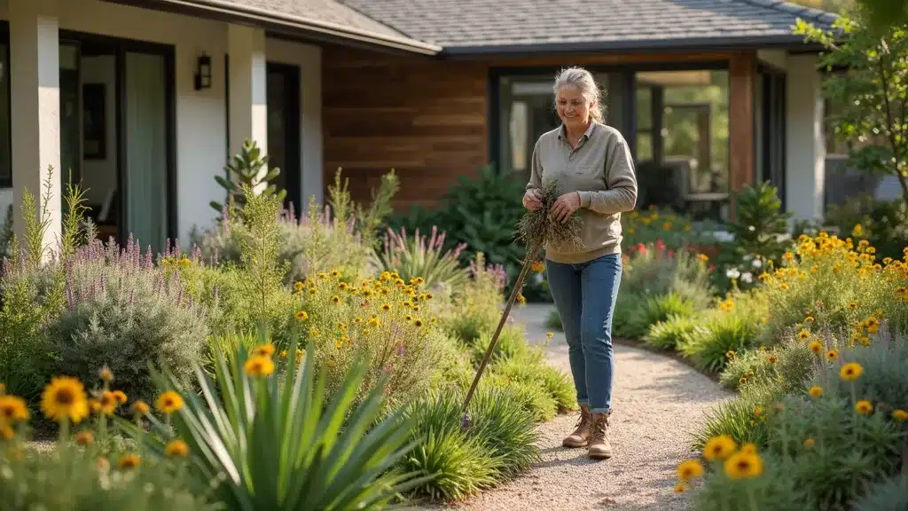 Eco-friendly San Diego landscape design with native wildflowers, succulents, compost bins, and pollinator habitat