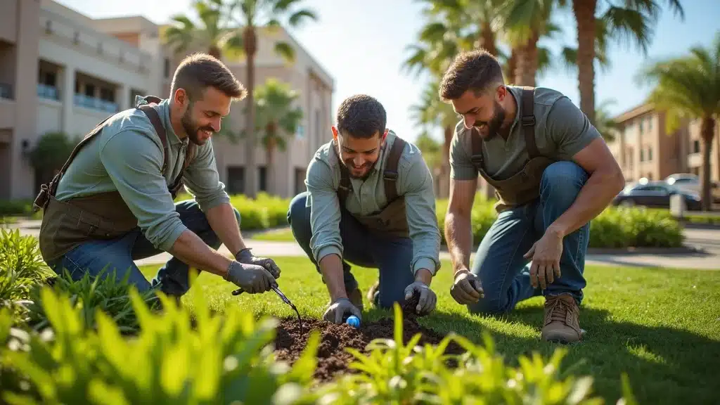 Commercial landscaping team delivering professional landscaping services at a San Diego retail property