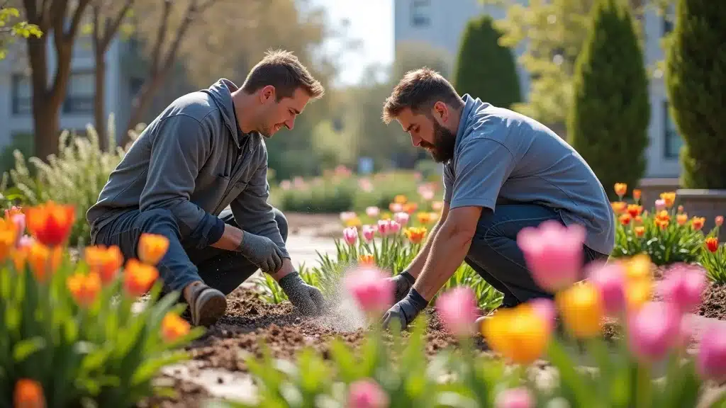 San Diego commercial landscaping team carrying out seasonal flower planting and landscape maintenance services