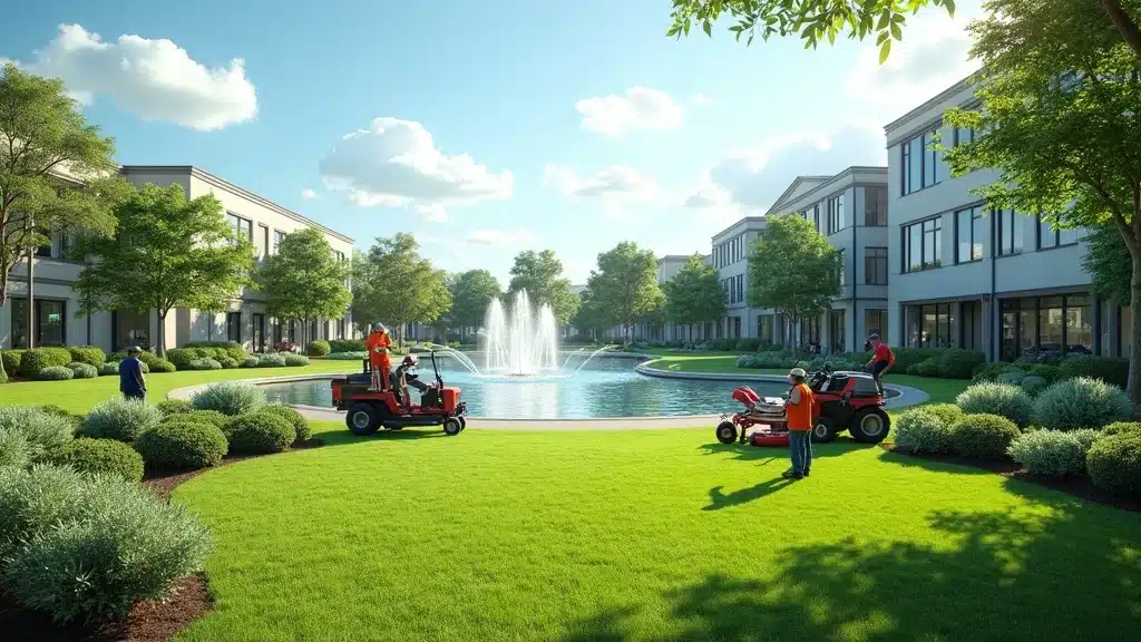 Impressive commercial property landscape with maintenance crew and native plants — San Diego commercial landscaping in action