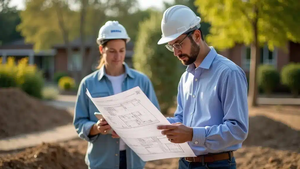 Professional landscape architect with blueprint reviewing project plans with the client — San Diego landscape installation services on site