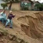 Fast and Flawless Landscape Installation Services Available in San Diego | Breceda Landscape Fast and Flawless Landscape Installation Services Available in San Diego Two men sit on the edge of an eroded, steep slope in front of houses, gesturing and looking concerned at the landslide damage below. The ground appears unstable and part of the yard has collapsed.