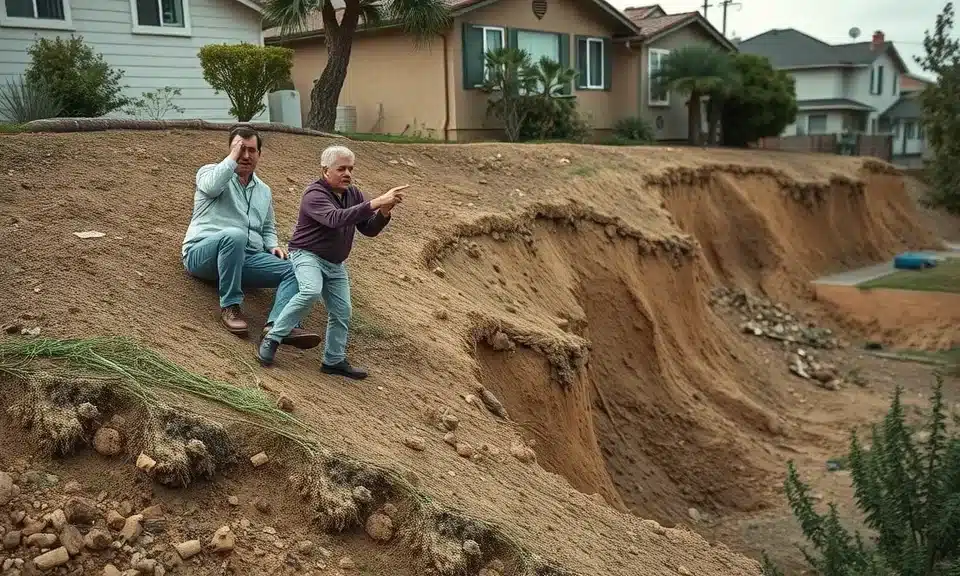 Landscape Contractor San Diego | Breceda Landscape Design & Build | Breceda Landscape Landscape Contractor San Diego | Breceda Landscape Design & Build Two men sit on the edge of an eroded, steep slope in front of houses, gesturing and looking concerned at the landslide damage below. The ground appears unstable and part of the yard has collapsed.