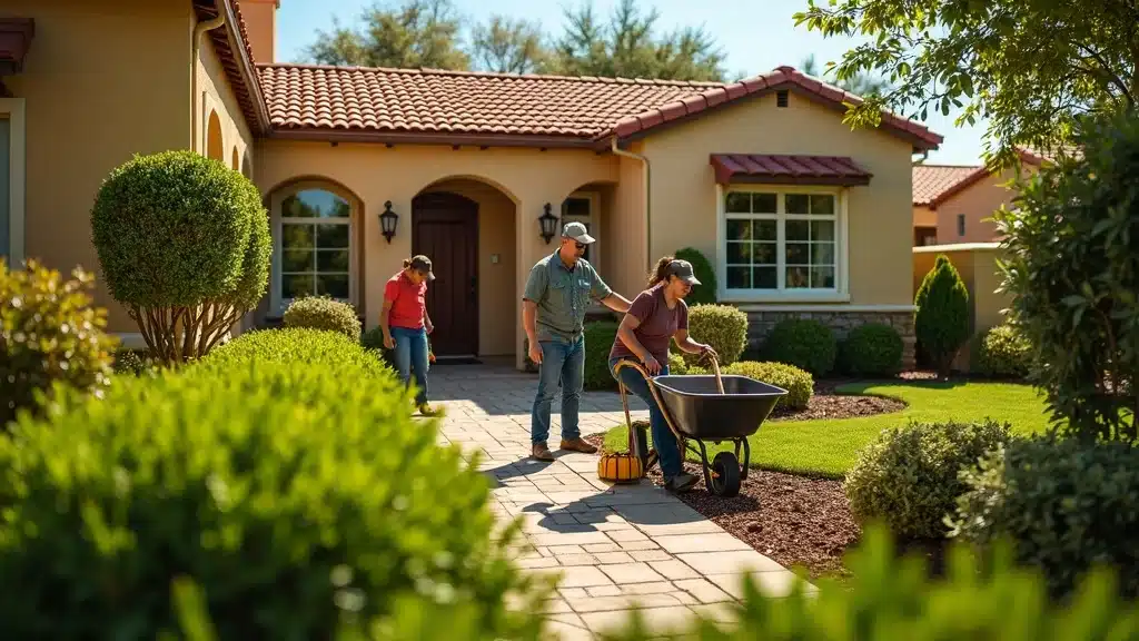 Dynamic San Diego landscaping crew from a licensed contractor trimming hedges and planting in a colorful residential yard during midday sun.