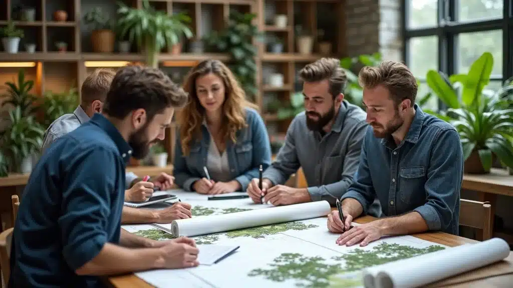 Diverse team of licensed landscape professionals in San Diego collaborating over blueprints and plant samples in a modern design studio.