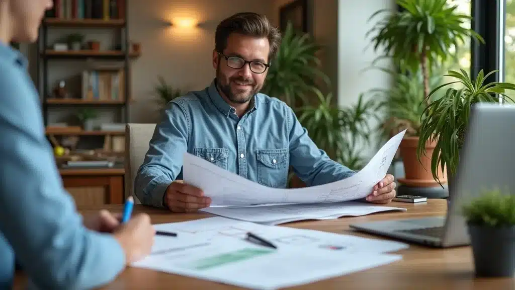 Professional landscape contractor in San Diego showing license and credentials to a homeowner during a project planning meeting. Table with blueprints, laptop, and certifications.