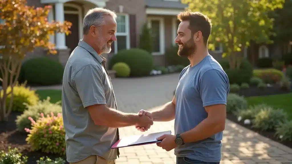 Satisfied San Diego client shaking hands with a licensed landscape contractor after the successful completion of a project, with contract and clipboard visible.