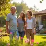 Fast and Flawless Landscape Installation Services Available in San Diego | Breceda Landscape Fast and Flawless Landscape Installation Services Available in San Diego Three people, two older adults and a young woman, walk together smiling in a sunny garden with blooming flowers, green grass, and trees, in front of a house.