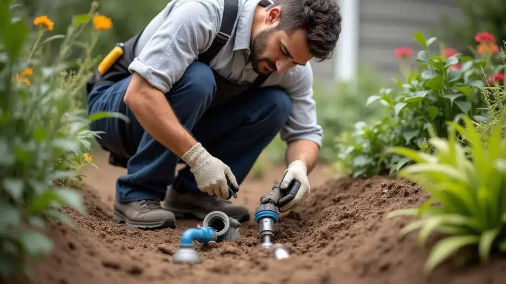 Licensed landscape contractor installing an irrigation system in a San Diego backyard, showing precision, professionalism, and regulatory-compliant tools.