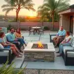 How Much Does Hardscaping Cost in San Diego? Uncover Prices Now Six people sit around a modern outdoor fire pit on cushioned patio furniture, enjoying a sunset in a landscaped backyard with palm trees and a mountain view.