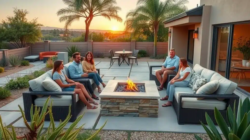 Inviting San Diego backyard with modern hardscape elements, outdoor living area, fire pit, smooth stone pavers, drought-tolerant plants, water-efficient design, panoramic sunset, natural greenery, styled for San Diego hardscape design