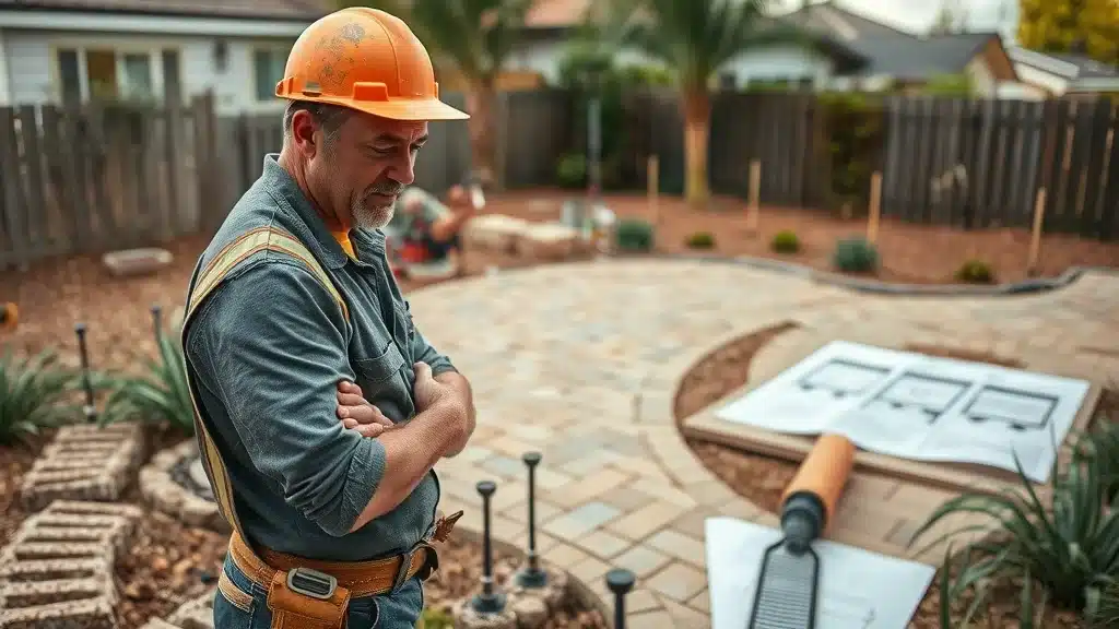 San Diego hardscape installation safety check, contractor evaluating water drainage near new patio, smart hardscape design mistakes to avoid