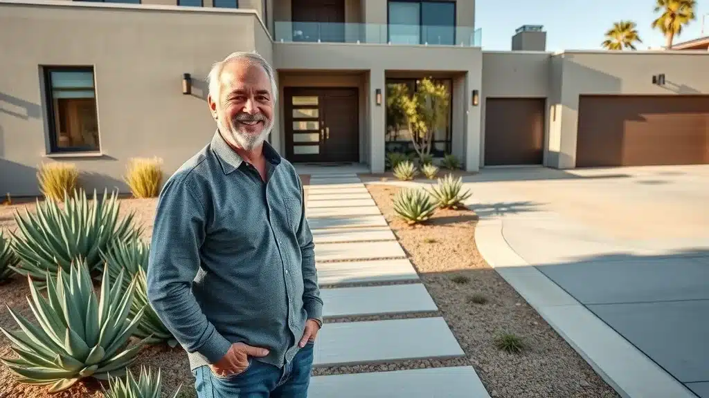 Stunning modern home exterior in San Diego with elevated hardscape features, architectural pavers, native succulents, improved curb appeal, sharp clarity, and high realism in daytime