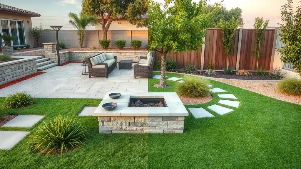 Side-by-side comparison of hardscaping and landscaping features in a San Diego backyard, showing pavers, retaining walls, fire pit, shrubs, and grass.