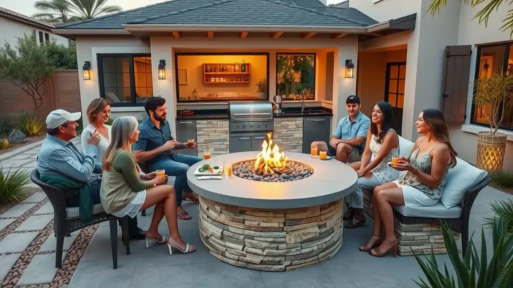 Newly constructed outdoor kitchen and fire pit area in an elegant San Diego backyard with pavers, integrated planters, happy families, and decorative lighting.