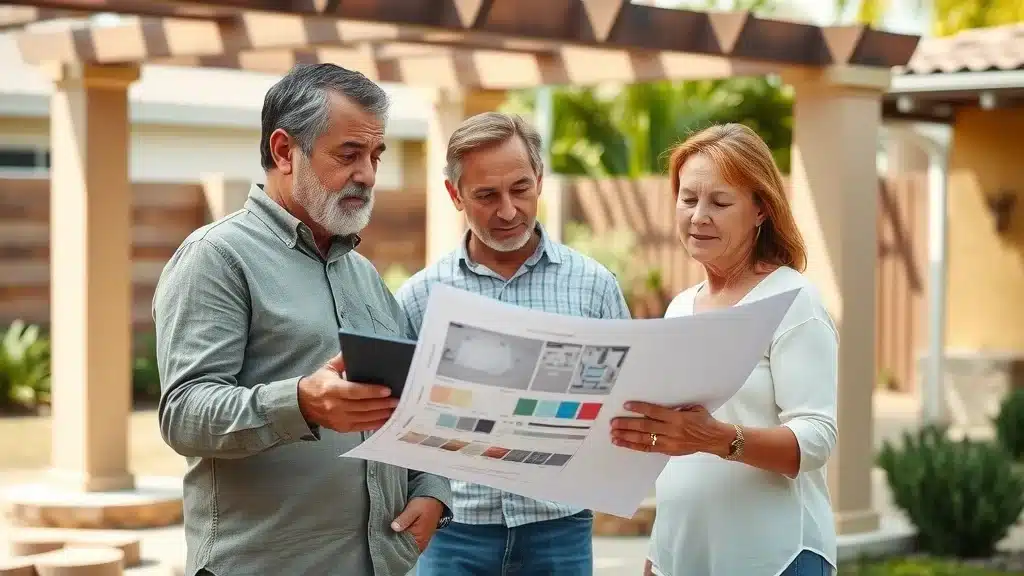 San Diego homeowner and landscape designer reviewing hardscaping project plans on a patio, using color swatches and stone samples under natural light.