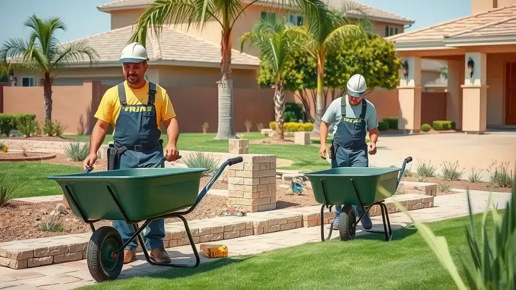 Professional landscape contractor installing pavers and artificial turf in a San Diego front yard, with palm trees and stucco houses in the background.