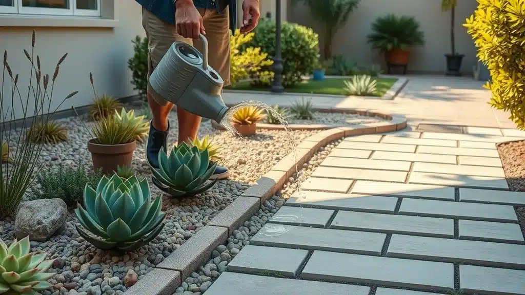 Eco-friendly sustainable hardscape with permeable pavers, drought-resistant San Diego front yard, rainwater collection, native plants, focusing on sustainable outdoor space design