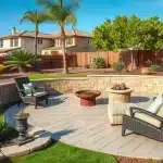 How Much Does Hardscaping Cost in La Jolla? Find Out Today | Breceda Landscape How Much Does Hardscaping Cost in La Jolla? Find Out Today A sunny backyard patio with wicker chairs, cushions, a round fire pit, and surrounding stone wall, bordered by green plants and palm trees, with suburban houses in the background.