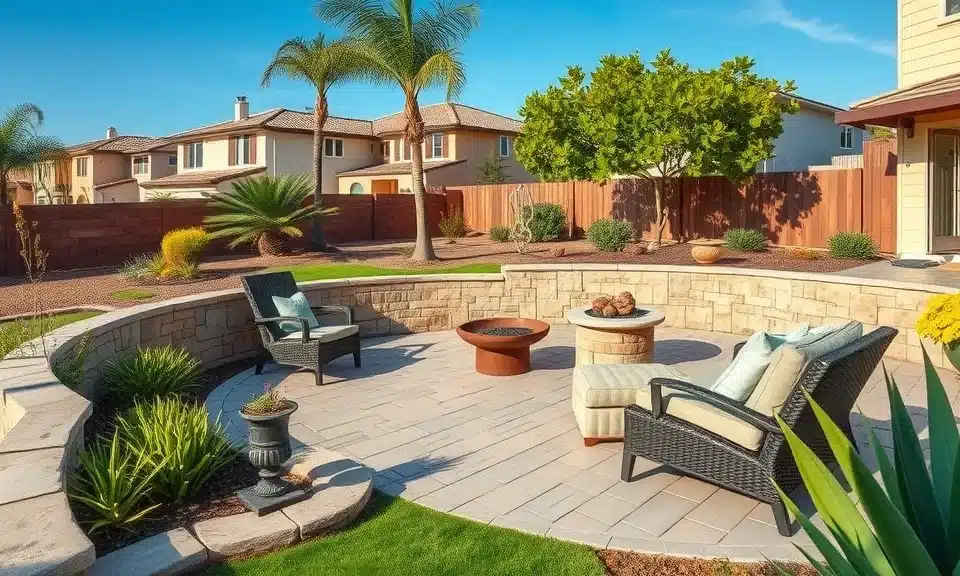 Landscape Contractor San Diego | Breceda Landscape Design & Build | Breceda Landscape Landscape Contractor San Diego | Breceda Landscape Design & Build A sunny backyard patio with wicker chairs, cushions, a round fire pit, and surrounding stone wall, bordered by green plants and palm trees, with suburban houses in the background.