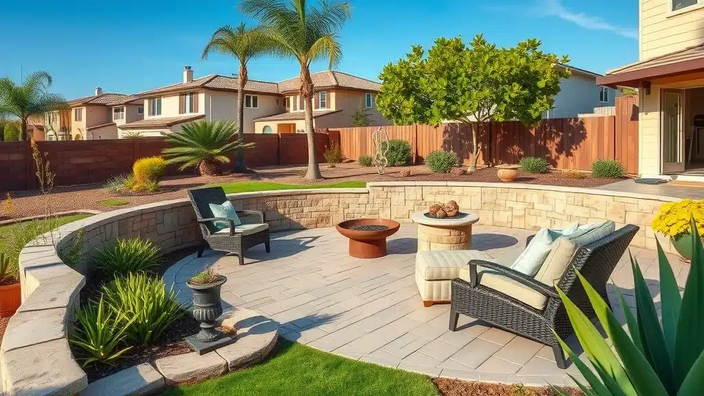 How Much Does Hardscaping Cost in San Diego? Uncover Prices Now A sunny backyard patio with wicker chairs, cushions, a round fire pit, and surrounding stone wall, bordered by green plants and palm trees, with suburban houses in the background.