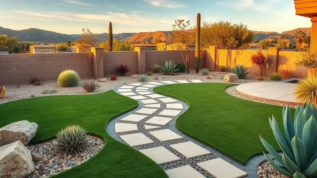 Drought-conscious hardscaping in a San Diego yard with permeable pavers, artificial turf, xeriscape plants, and visible drip irrigation for water-saving.