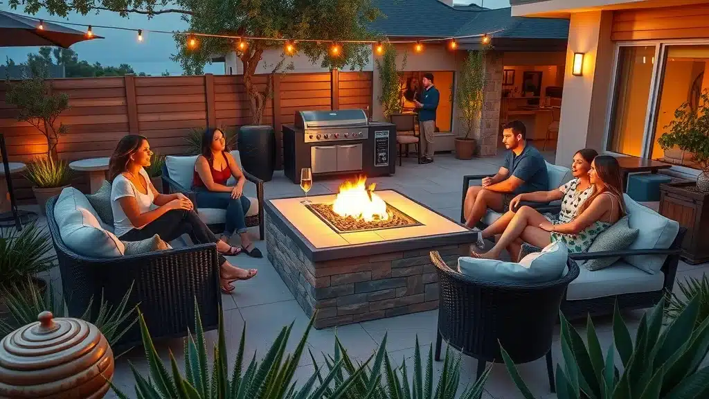 San Diego vibrant outdoor living space, friends enjoying fire pit and outdoor kitchen, modern patio with integrated lighting and drought-tolerant planters