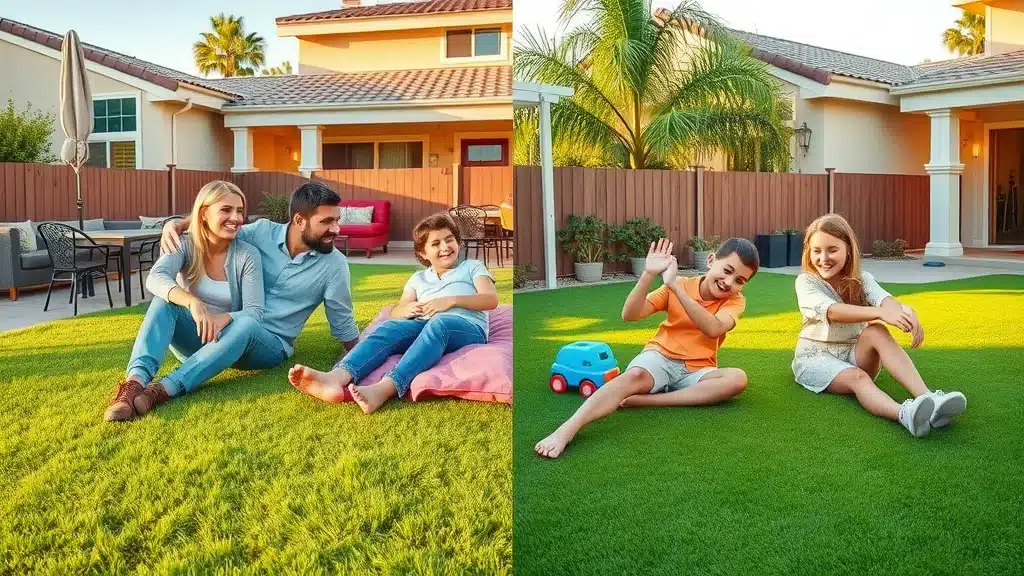 San Diego families enjoying their backyard—one with lush artificial turf, one with real grass. Comparing artificial turf and natural grass ROI San Diego.