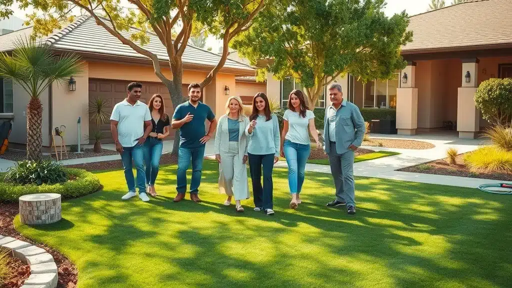 Is Artificial Turf Worth It San Diego? See the Pros & Cons A group of seven adults stand together and smile in a well-kept front yard, surrounded by trees and modern houses, under a sunny sky.