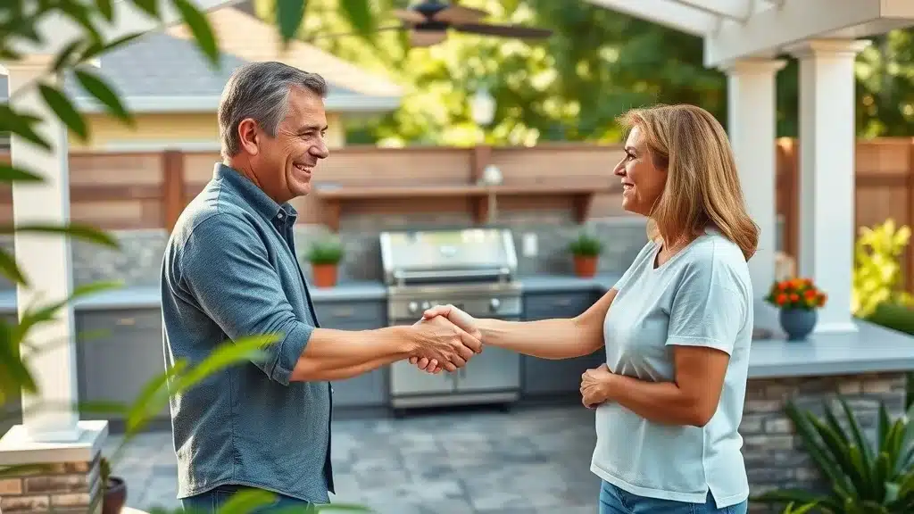 Landscape designer and homeowner shaking hands beside a finished outdoor kitchen, La Jolla patio, visible home upgrades, lush landscaping — outdoor kitchen ROI in La Jolla