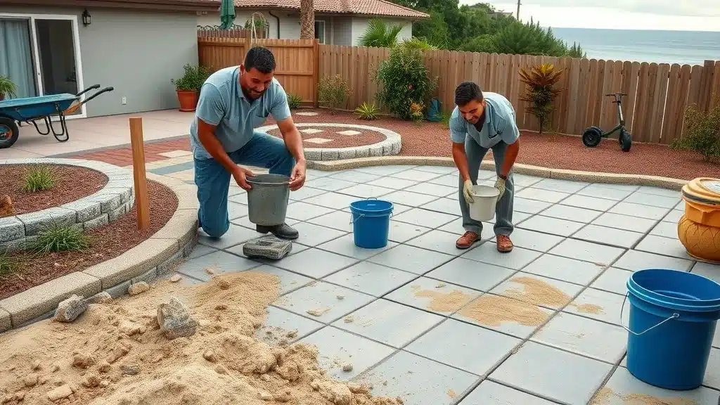 Attractive paver patio installation in La Jolla with workers laying pavers, sand-filled joints, and partial sea view - hardscaping cost and outdoor living