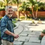 Why People Love Their Outdoor Kitchen in La Jolla—The Secrets | Breceda Landscape Why People Love Their Outdoor Kitchen in La Jolla—The Secrets A smiling middle-aged man stands in a sunny, landscaped backyard with stone paths, tropical plants, and modern patio furniture, surrounded by palm trees and contemporary house exteriors.