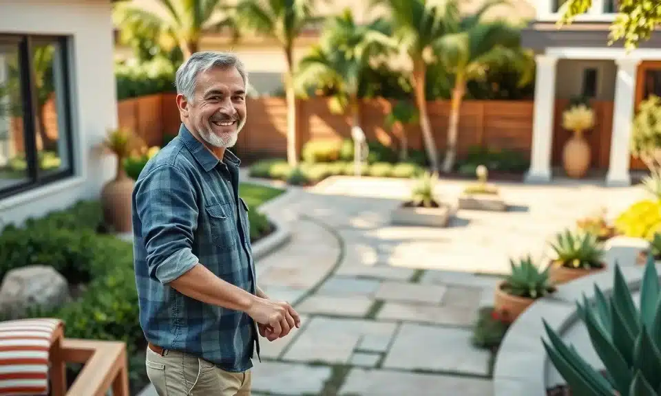 Landscape Contractor San Diego | Breceda Landscape Design & Build | Breceda Landscape Landscape Contractor San Diego | Breceda Landscape Design & Build A smiling middle-aged man stands in a sunny, landscaped backyard with stone paths, tropical plants, and modern patio furniture, surrounded by palm trees and contemporary house exteriors.