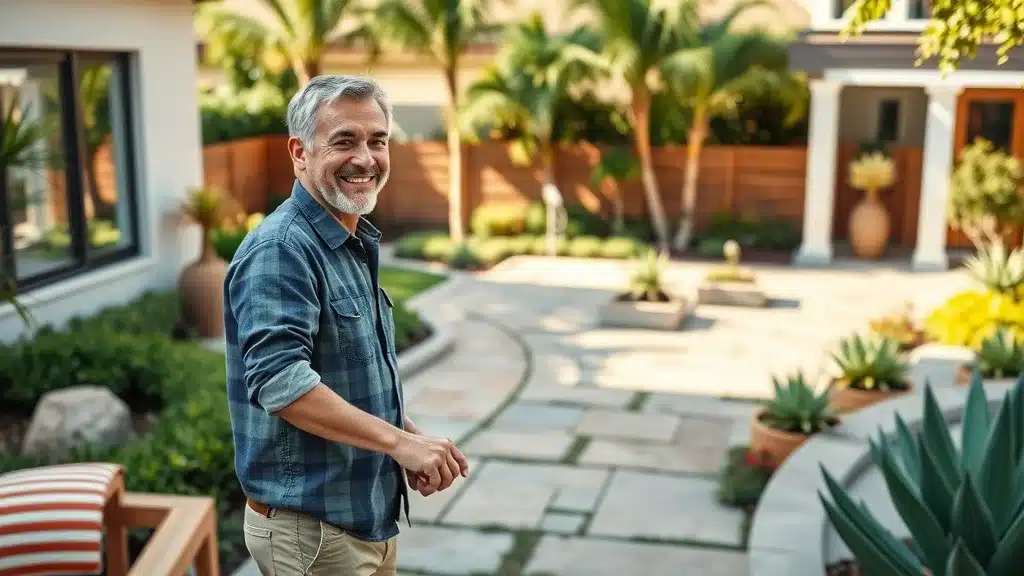 How Much Does Hardscaping Cost in La Jolla? Find Out Today A smiling middle-aged man stands in a sunny, landscaped backyard with stone paths, tropical plants, and modern patio furniture, surrounded by palm trees and contemporary house exteriors.