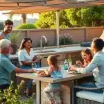 Is Artificial Turf Worth It San Diego? See the Pros & Cons A family enjoys an outdoor meal together at a modern backyard kitchen, with six people smiling, eating, and talking around a table under a canopy on a sunny day.