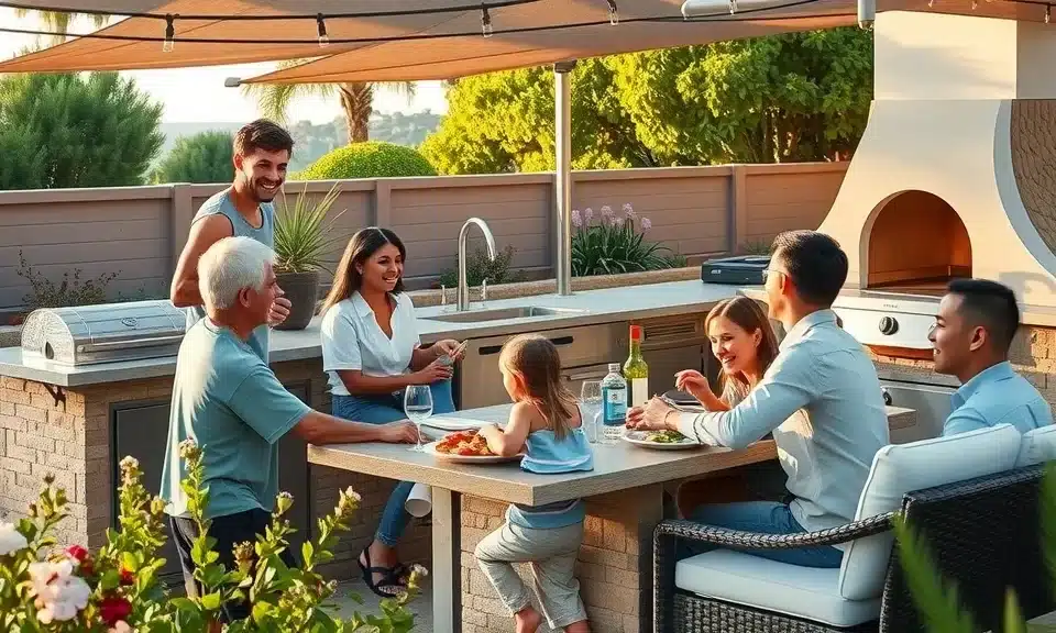 Landscape Contractor San Diego | Breceda Landscape Design & Build | Breceda Landscape Landscape Contractor San Diego | Breceda Landscape Design & Build A family enjoys an outdoor meal together at a modern backyard kitchen, with six people smiling, eating, and talking around a table under a canopy on a sunny day.