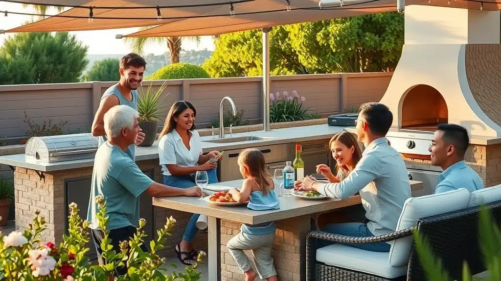 Inviting luxury outdoor kitchen in a La Jolla backyard with family and friends enjoying an al fresco meal, lush coastal California garden, built-in grill, pizza oven, shaded seating, ocean glimpses — outdoor kitchen in La Jolla