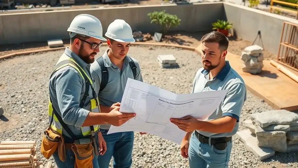 Detailed hardscape construction site in La Jolla with contractors analyzing blueprints, layers of gravel, sand, and pavers - hardscaping cost in San Diego County
