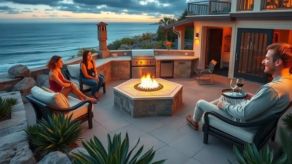 Luxurious outdoor kitchen and fire pit in La Jolla with friends enjoying the space, ocean view, native succulents, and sunset lighting - outdoor kitchens, fire pits, and ROI