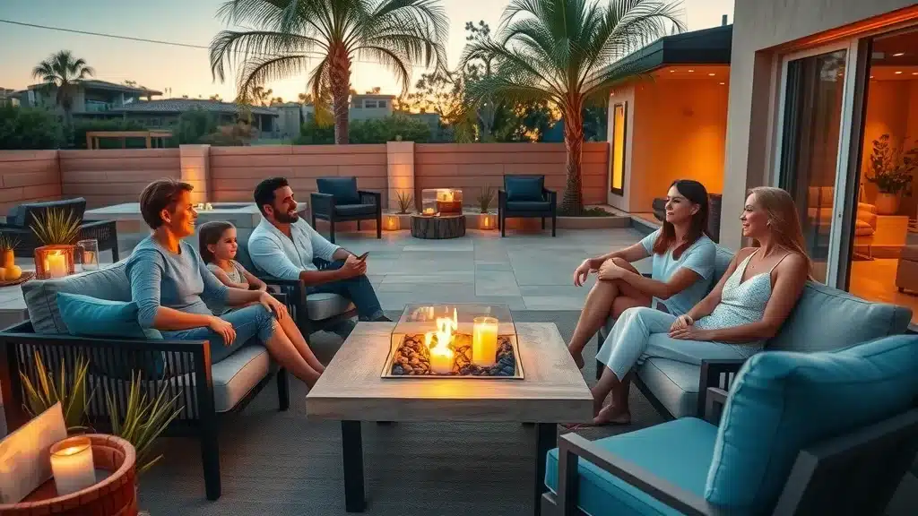 Modern La Jolla outdoor living space at sunset with family and guests lounging, fire pit, weather-resistant furniture, drought-tolerant plants, and architectural lighting — outdoor kitchen in La Jolla