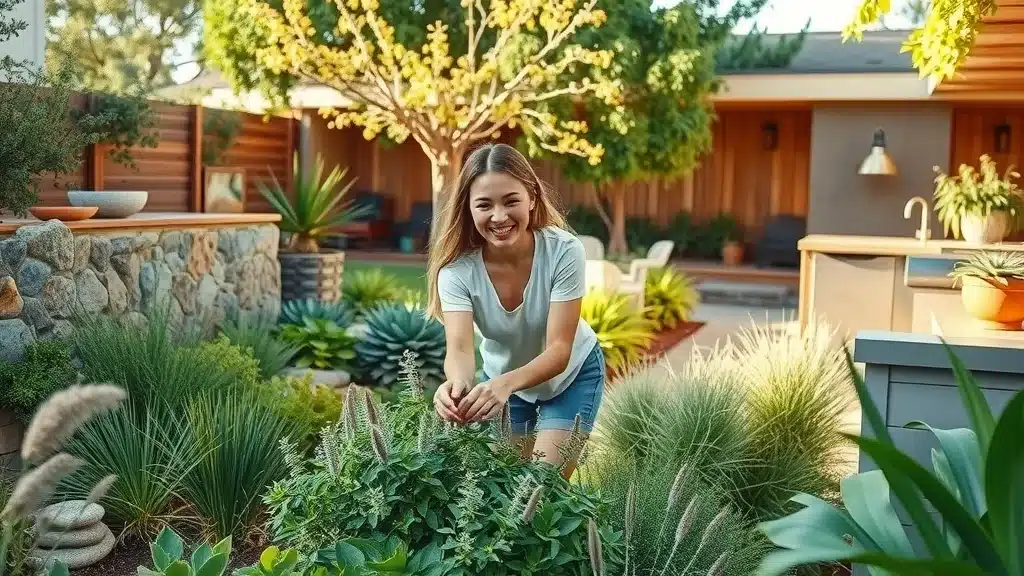 Vibrant sustainable landscape with integrated outdoor kitchen, serene couple tending native California plants, eco-friendly La Jolla backyard, permeable pavers, Mediterranean foliage, rainwater collection system — outdoor kitchen in La Jolla
