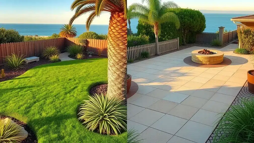 Comparative backyard in La Jolla showing lush landscaping on one side and modern hardscape patio with fire pit on the other - landscaping cost vs hardscaping cost in San Diego