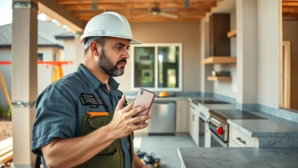 Professional contractor inspecting a high-end outdoor kitchen under construction in La Jolla, careful focus on weatherproof cabinetry and detailed appliances — outdoor kitchen in San Diego County