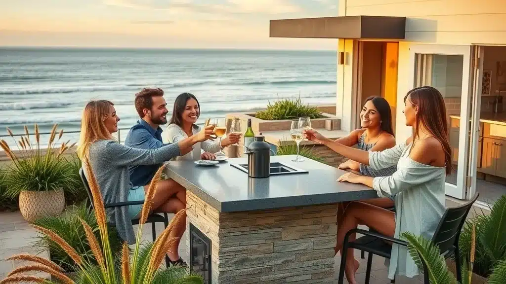 Modern coastal outdoor entertaining space in La Jolla, group of happy friends toasting around a finished outdoor kitchen, lush water-wise plants, Pacific Ocean view — outdoor living space in La Jolla