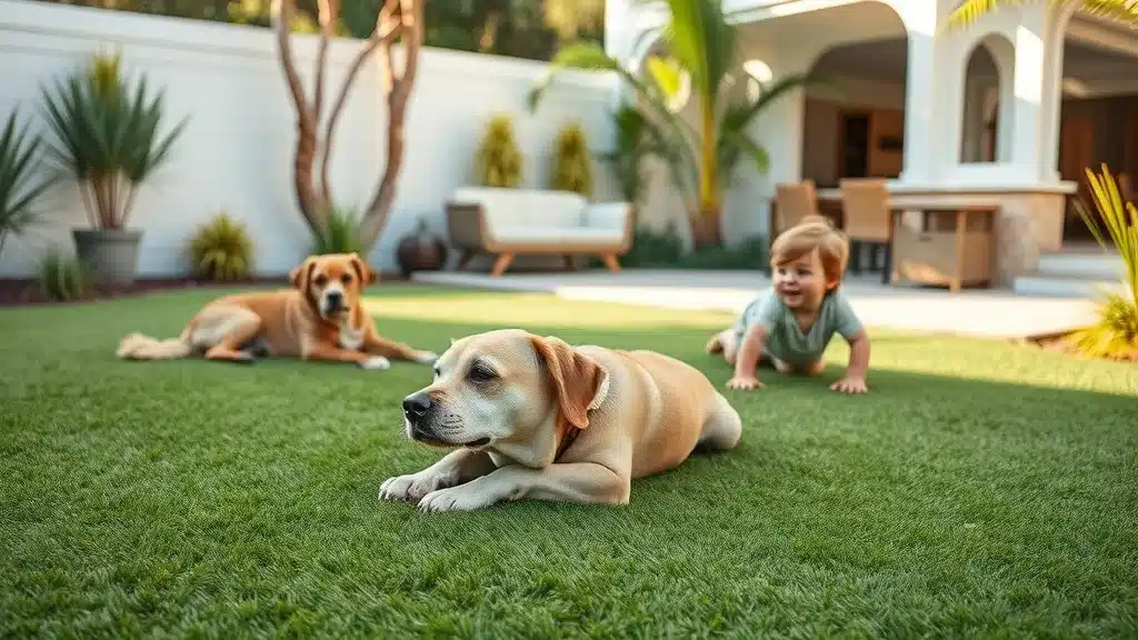 Modern San Diego backyard with pristine artificial turf, dog lounging and child playing. Artificial turf longevity and appeal.