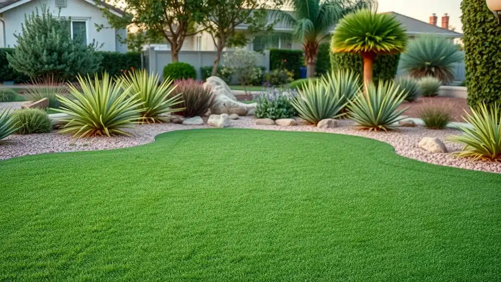 San Diego yard featuring environmentally-friendly artificial turf and drought-tolerant plants. Water conservation benefits with artificial turf.