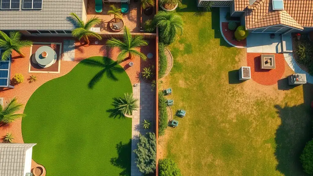 Aerial of San Diego backyards—one with vibrant artificial turf, one with sun-scorched natural grass. Artificial turf vs natural grass in San Diego.